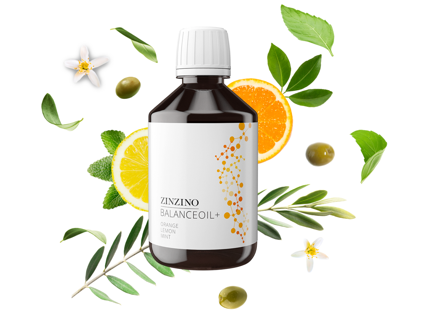Bottle of BalanceOil+ in Orange, Lemon, Mint taste in a decorated background.