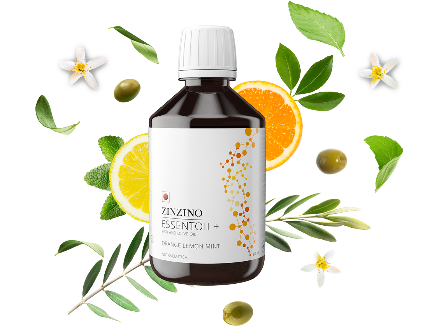 Bottle of EssentOil+ in Orange, Lemon and Mint taste.