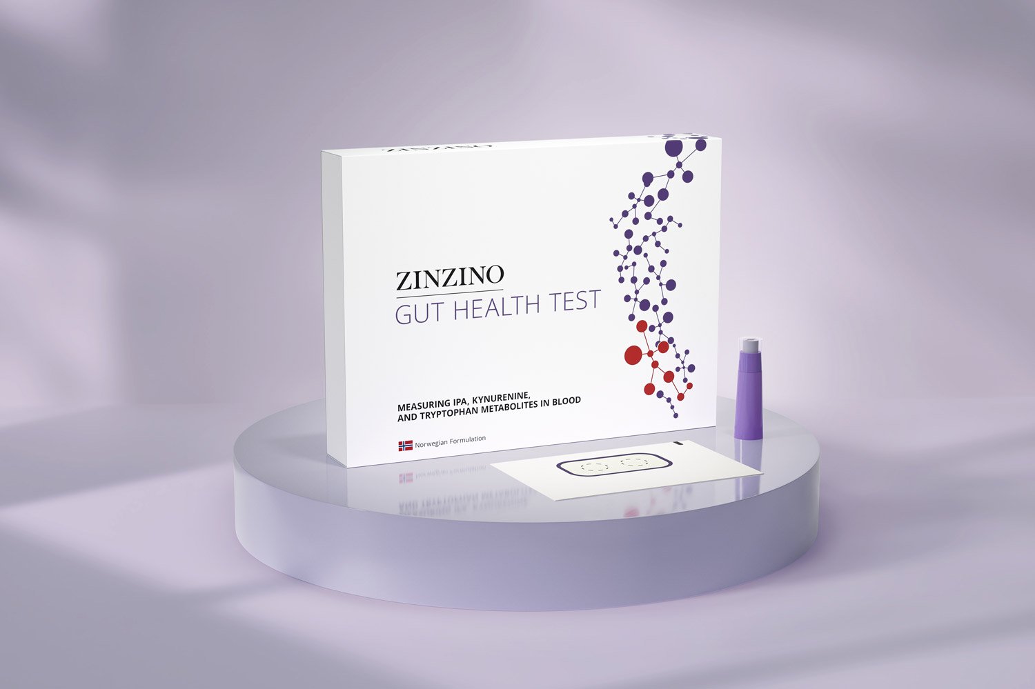 Zinzino gut health test packaging on lilac background color